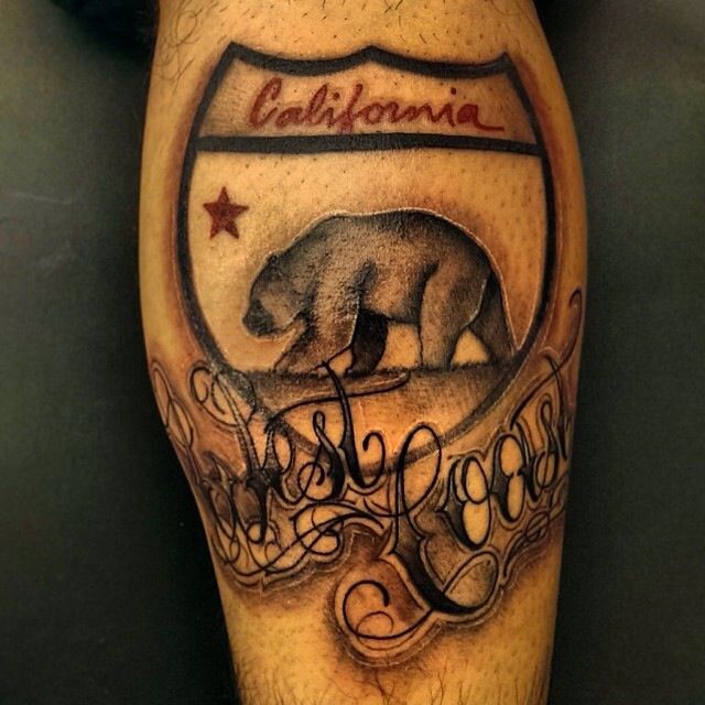 Grey And Black California Tattoo On Calf