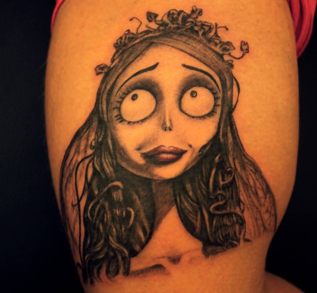 Grey And Black Corpse Bride Tattoo On Right Bicep