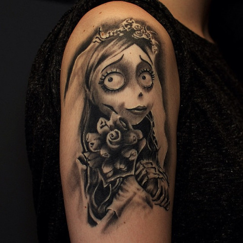 Grey Flowers And Corpse Bride Tattoo On Shoulder