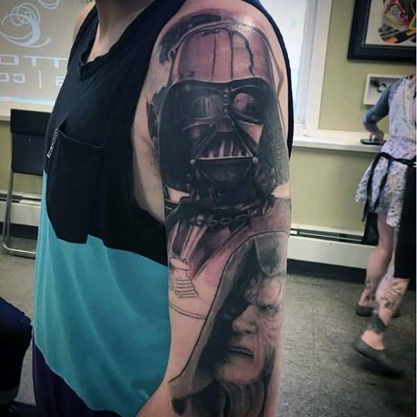 Grey Ink Angry Darth Vader Tattoo On Shoulder