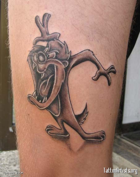 Grey Ink Angry Tasmanian Devil Tattoo On Leg