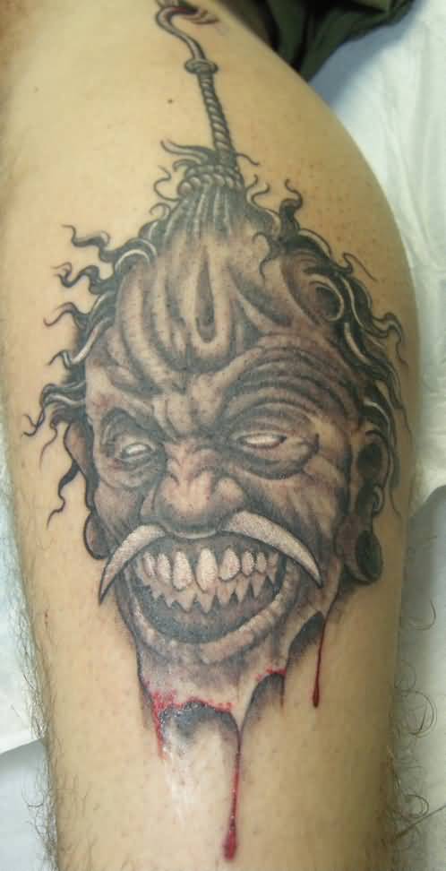 Grey Ink Bleeding Shrunken Head Tattoo On Leg
