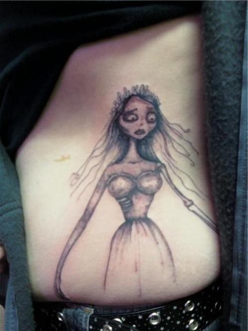 Grey Ink Corpse Bride Tattoo On Girl Side Rib