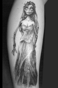 Grey Ink Corpse Bride Tattoo On Leg