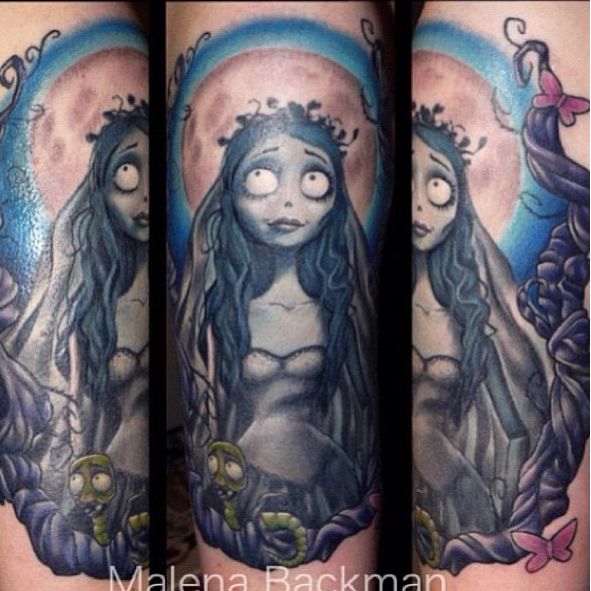 Grey Ink Corpse Bride Tattoo On Sleeve