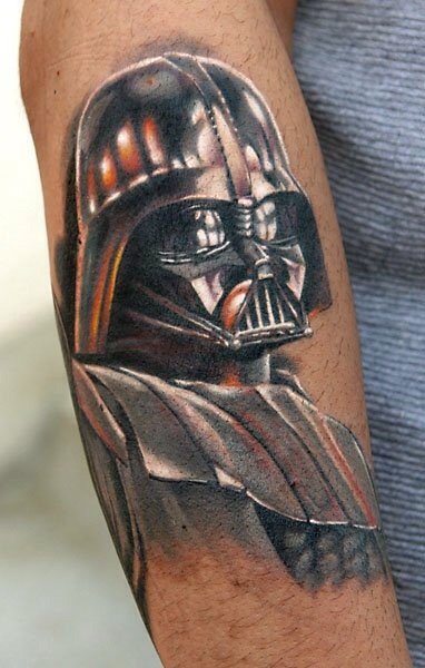 Grey Ink Darth Vader Tattoo On Right Arm