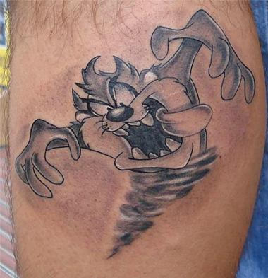 Grey Ink Gangster Taz Tattoo On Leg Calf