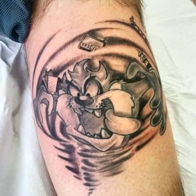 Grey Ink Tasmanian Devil Tattoo On Leg