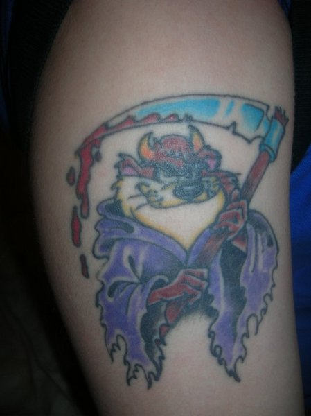 Grim Reaper Gangster Taz Tattoo On Right Bicep