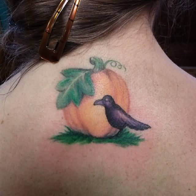 Halloween Crow And Cute Pumpkin Tattoo On Upper Back
