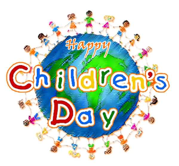 Happy Children's Day Kids Joining Hands Around Globe Clipart
