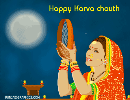Happy Karva Chauth Lovely Bride Watching Moon On Karva Chauth Animated Picture