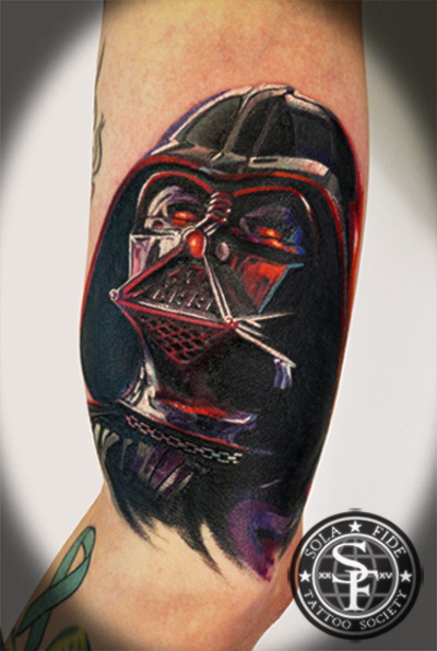 Inner Bicep Darth Vader Helmet Tattoo