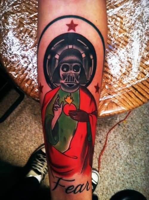 Jesus With Darth Vader Helmet Tattoo Forearm