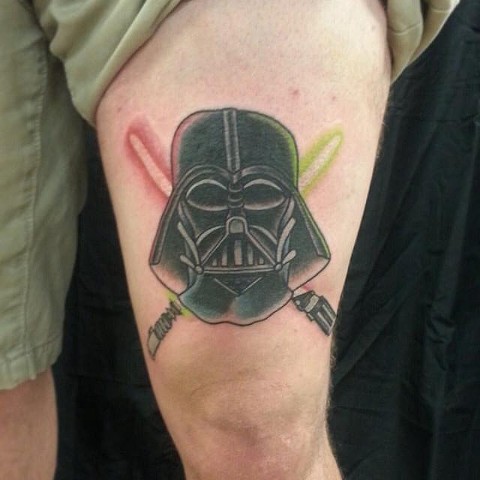 Lightsabers And Darth Vader Tattoo On Left Thigh