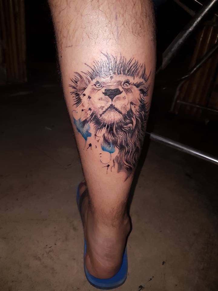Lion Head Tattoo On Leg Calf by KDZ Tattoos