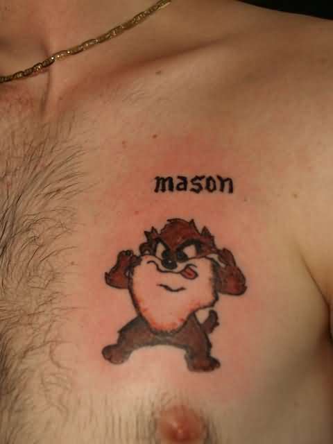 Mason Name And Baby Taz Tattoo On Man Chest