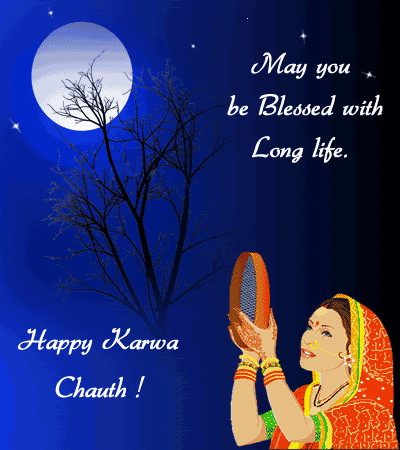 May You Be Blessed With Long Life Happy Karva Chauth Night View Glitter Image