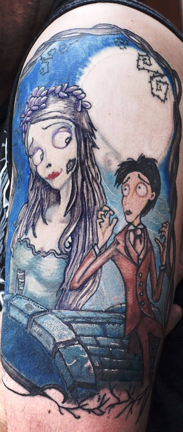 Nice Corpse Bride Tattoo On Left Half Sleeve