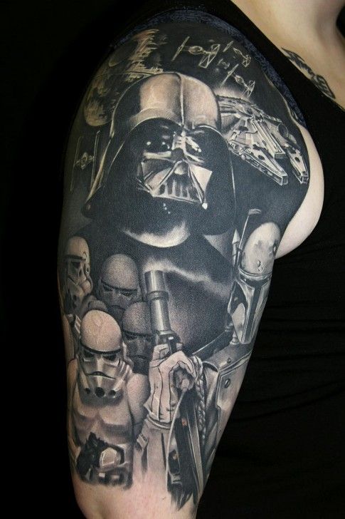 Nice Dark Ink Darth Vader Tattoo On Half Sleeve