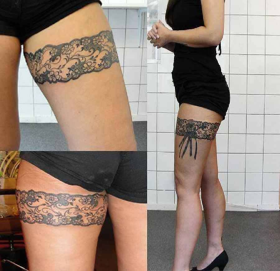 Nice Garter Tattoo On Leg Sleeve