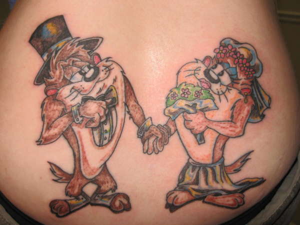 Nice Taz Couple Tattoo On Lower Back