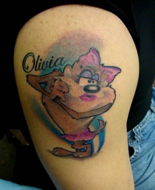 Olivia Taz Tattoo On Right Shoulder