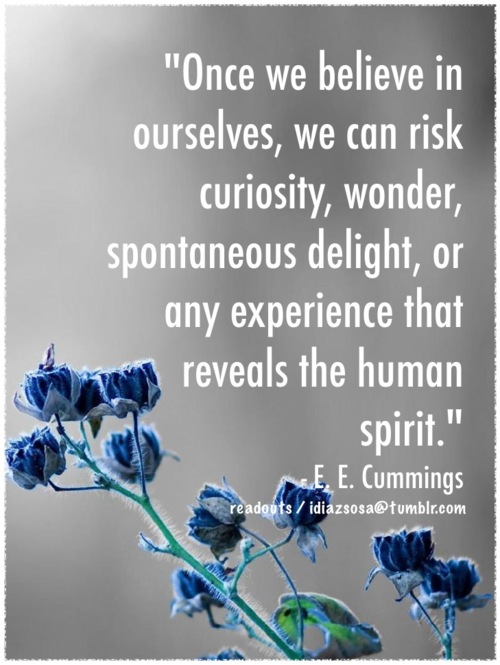 Once we believe in ourselves, we can risk curiosity, wonder, spontaneous delight, or any experience that reveals the human spirit.  - E.E. Cummings