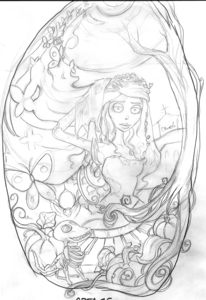 Outline Corpse Bride Tattoo Design by Yurchan