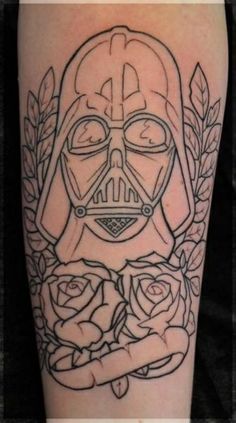 Outline Rose And Darth Vader Tattoo On Arm