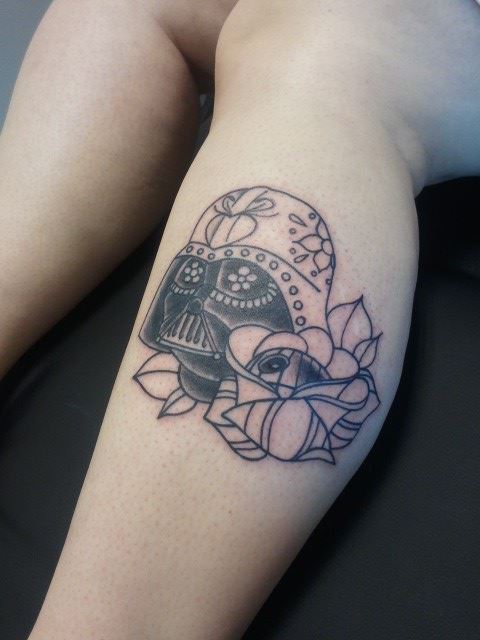Outline Rose And Darth Vader Tattoo On Leg