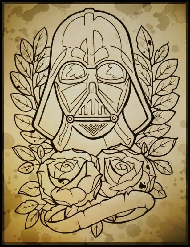 Outline Rose Flowers And Darth Vader Tattoo Design