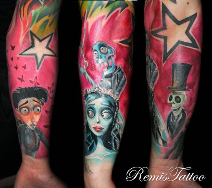Outline Star And Corpse Bride Tattoos On Forearm