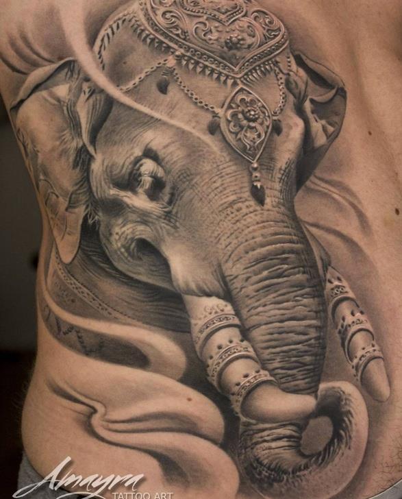 Realistic Elephant Head Tattoo On Side Rib by Amayra