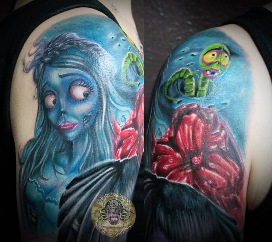 Red Flower And Blue Ink Corpse Bride Tattoo Shoulder by 2Face Tattoo