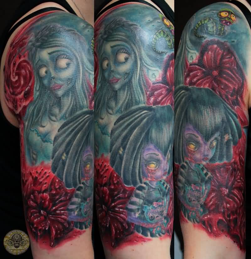 Red Flowers And Corpse Bride Tattoo On Half Sleeve by 2Face Tattoo