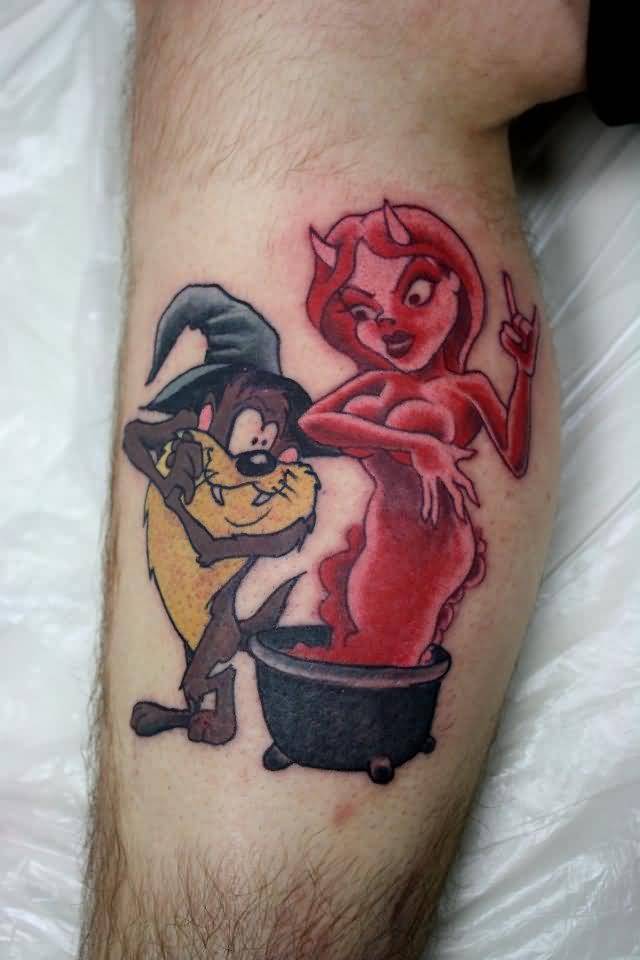 Red Ink Devil Girl And Taz Tattoo On Leg