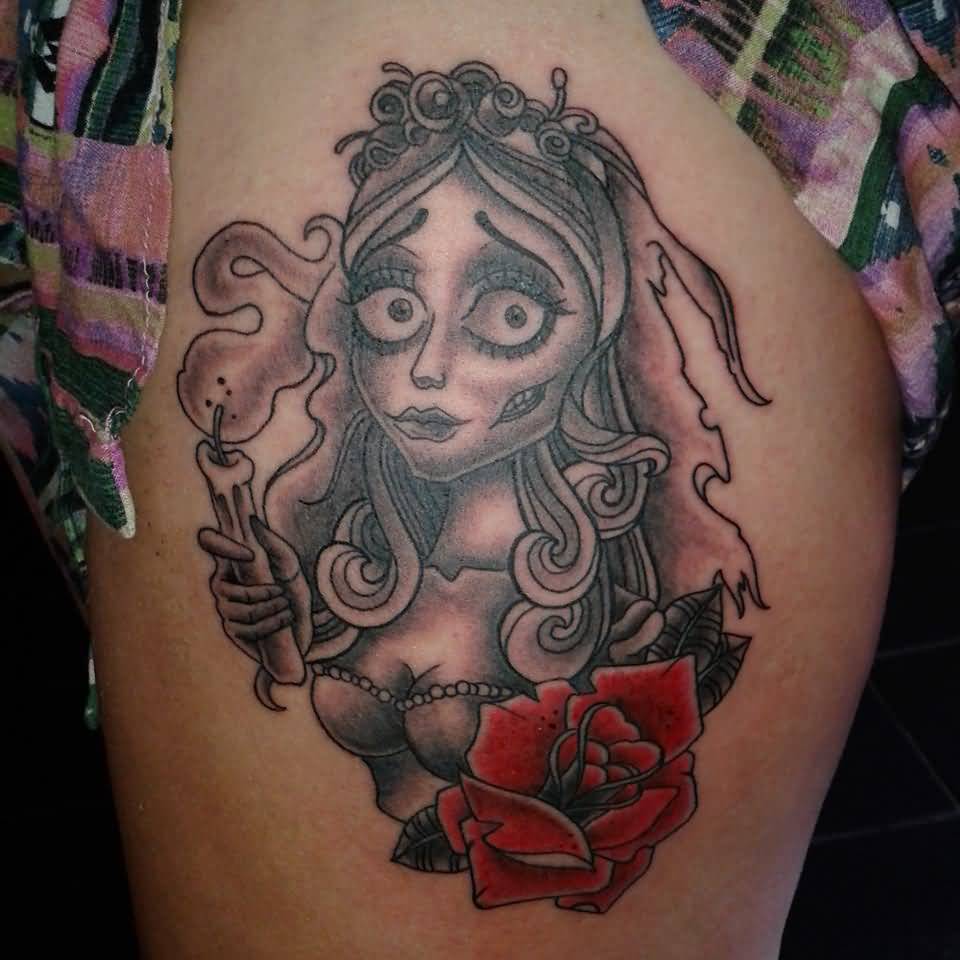 Red Rose And Corpse Bride Tattoo With Burning Candle by Frost Tattoo