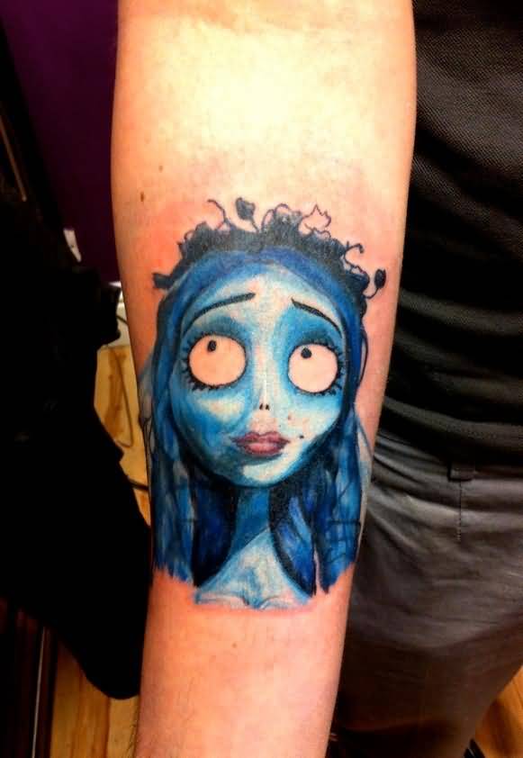 Right Forearm Blue Ink Corpse Bride Head Tattoo