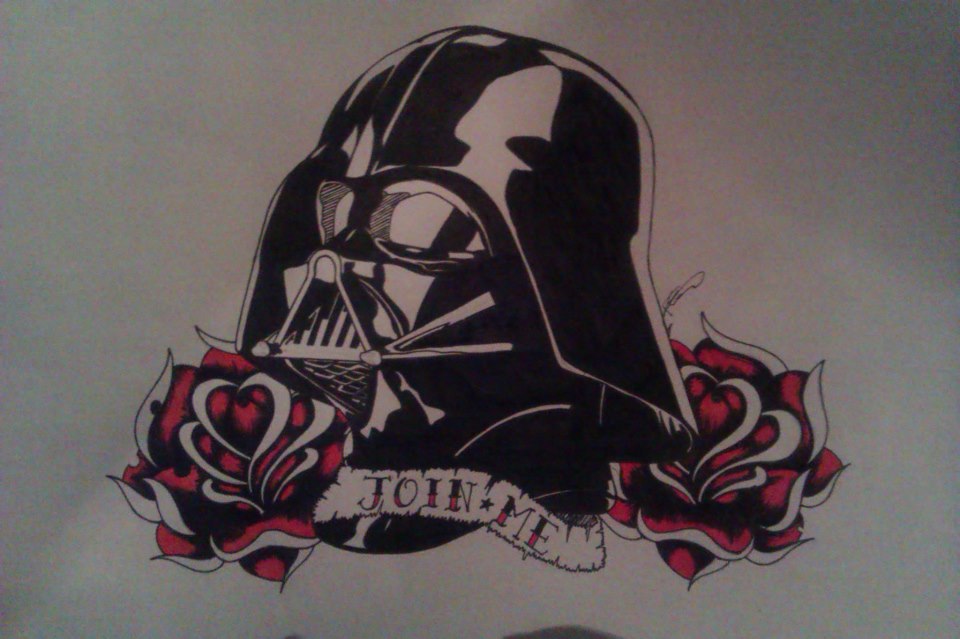 Rose Flowers And Darth Vader Mask Tattoo Design by B4rbiegh0ul