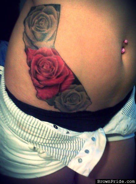 Roses In California Map Tattoo On Girl Right Hip