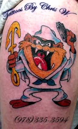 Taz With Anchor And Gun In Hands Tattoo By Chris