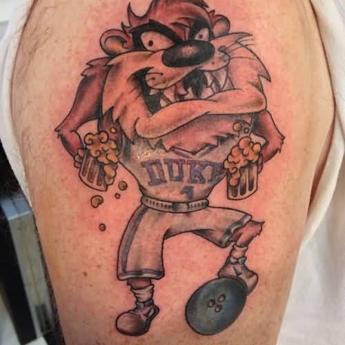 Taz With Coffee Mugs Tattoo On Right Shoulder