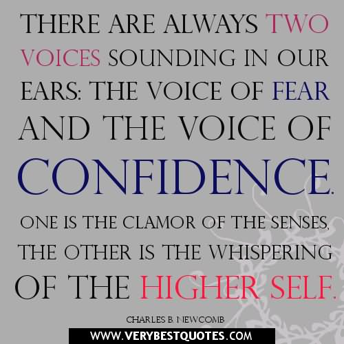 There are always two voices sounding in our ears:  The voice of fear and the voice of confidence.  One is the clamor of the senses.  The other is the whispering of the higher self.  - Charles B. Newcomb