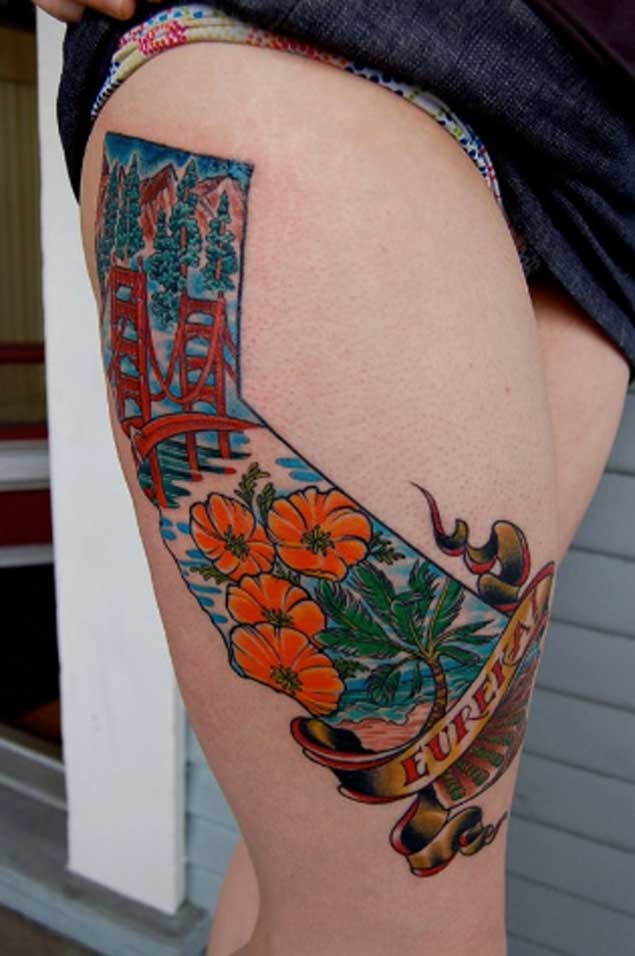 Traditional California Tattoo On Girl Right Thigh