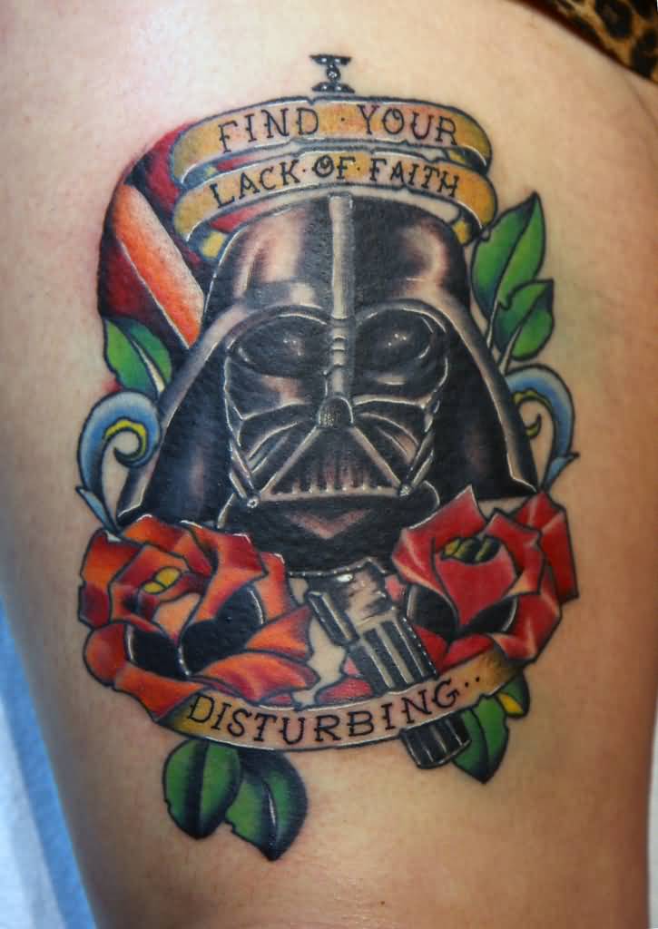 Traditional Darth Vader Tattoo With Banner