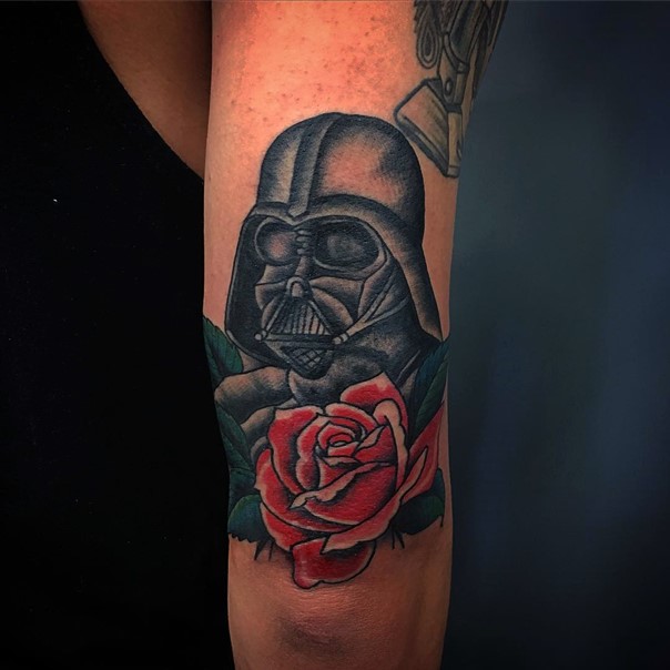 Traditional Rose And Darth Vader Tattoo On Bicep
