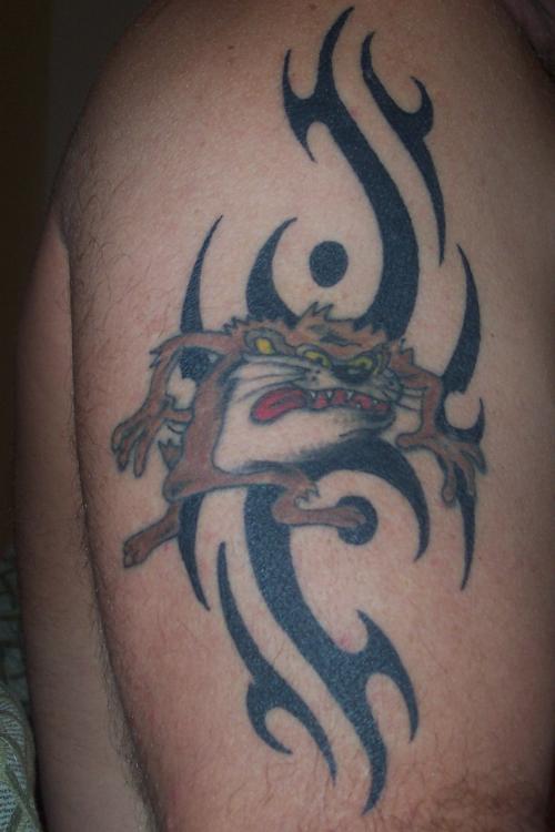 Tribal And Taz Tattoo On Half Sleeve