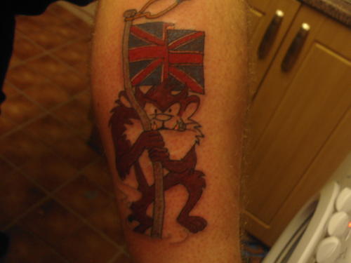 UK Flag And Tasmanian Devil Tattoo On Leg