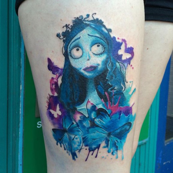 Watercolor Corpse Bride Tattoo On Thigh by Claire Jackson